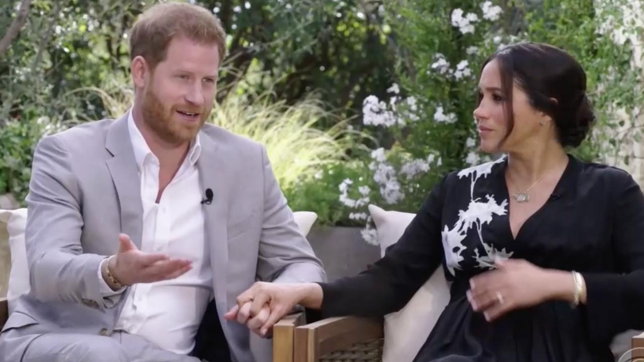 Harry and Meghan during their interview with Oprah Winfrey. Picture: CBS