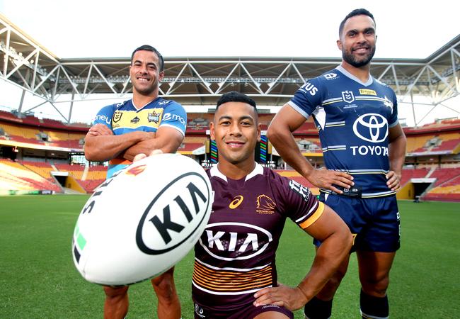 Magic Round is back for 2021. (L-R) Corey Thompson (Titans), Jamayne Isaako (Broncos) Justin O’Neill (Cowboys). Picture: Steve Pohlner