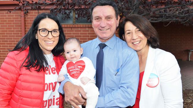 Labor MP Tony Zappia voting in his Makin electorate at the Pooraka Primary School, with his grand daughter Victoria Mackenzie 4mths old, daughter Concetta and wife Vicki Zappia. Picture: Brenton Edwards