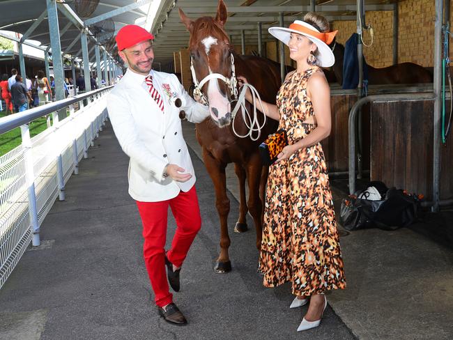 Fashion on the Fields winners Neil Carpenter and Fenella Barker with race horse Santelmo Fuego at Adelaide Cup at Morphettville Racecourse on 14th March 2022 - Picture: Michael Marschall