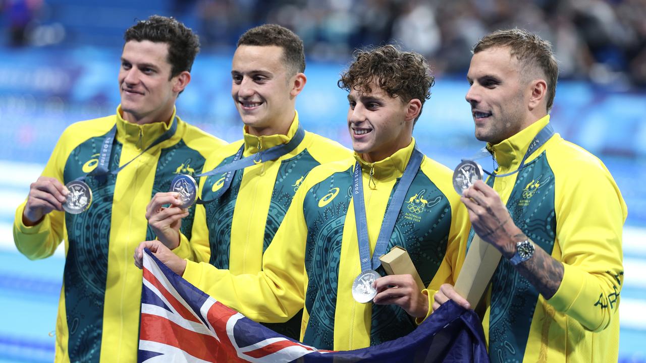 Silver medalists Jack Cartwright, Flynn Southam, Kai Taylor and Kyle Chalmers of Team Australia. (Photo by Al Bello/Getty Images)