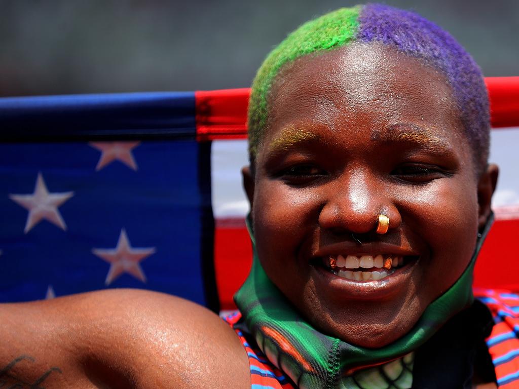 An unmasked Saunders celebrating silver at the Tokyo Olympics. (Photo by Li Ming/Xinhua via Getty Images)