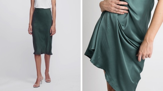 Silk laundry bias outlet cut skirt hunter green