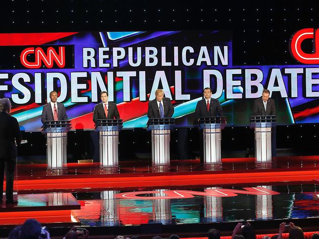 US Republican Presidential Candidates: Ben Carson, Marco Rubio, Donald Trump, Ted Cruz and John Kasich in a fiery debate. Picture: Thomas B. Shea