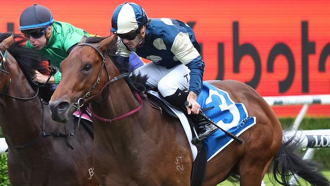 Tyler Schiller and Odinson score a stylish win in the Inglis Nursery at Randwick. Picture: Getty Images