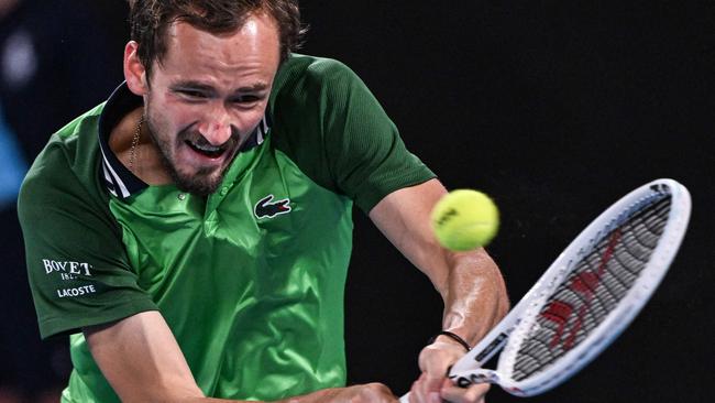 Russia's Daniil Medvedev has hit the front on Rod Laver Arena for the first time in three hours. Picture: William West / AFP.