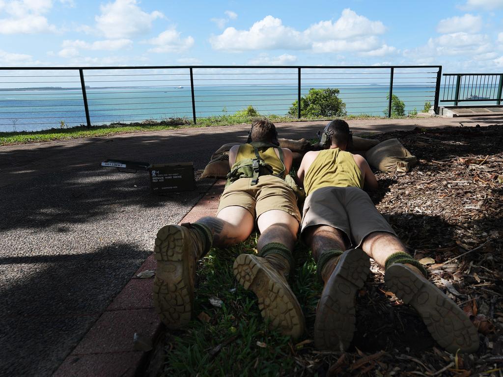 Soldiers reenact the defence of Darwin during the 77th Anniversary of the Bombing of Darwin on Tuesday, February 19, 2019. Picture: KERI MEGELUS