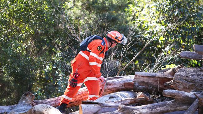 A member of the NSW State Emergency Service investigates a sawmill on Herons Creek Road during the search for William Tyrrell. Picture: AAP.