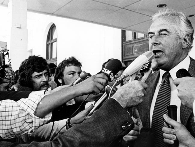 Gough Whitlam on the steps of Parliament House in Canberra on November 11, 1975, immediately following his dismissal.