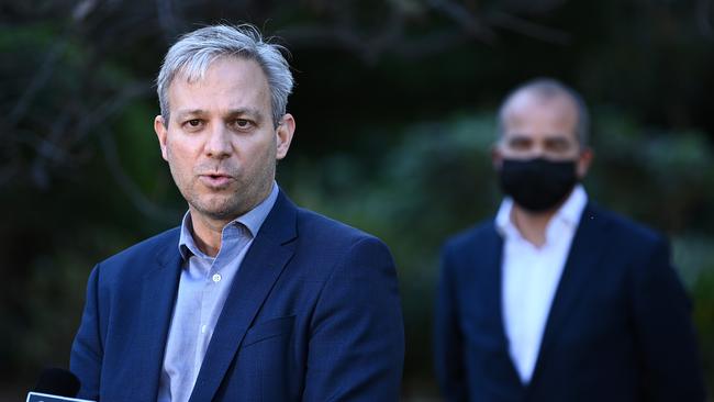 Brett Sutton, left, and acting Victorian Premier James Merlino in Melbourne. Picture: Getty Images