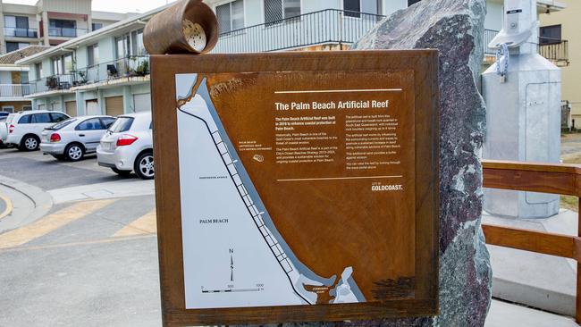 One side of the plaque at Palm Beach reads: “Dedicated by his worship the Mayor of the City of Gold Coast Cr Tom Tate”. Picture: Jerad Williams