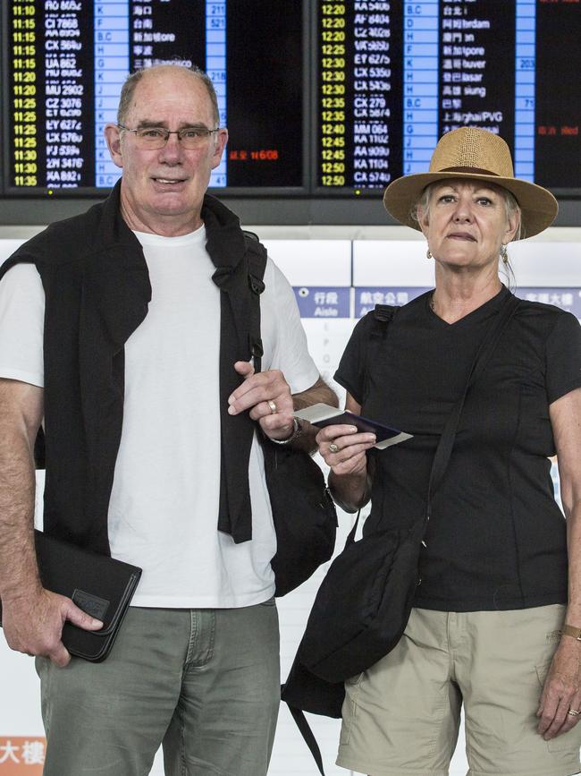 Semi-retired tourists Colin and Judi Morris of Brunswick Heads, NSW, weren’t affected by protests as they passed through Hong Kong. Picture: Isaac Lawrence