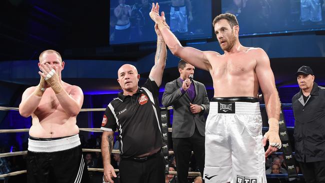 Shane Mumford wins his second boxing bout. Picture: Lawrence Pinder