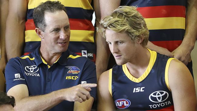 Adelaide Crows coach Don Pyke with co-captain Rory Sloane on team photo day. Picture: Sarah Reed