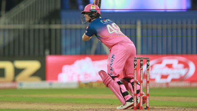 Steve Smith captain of Rajasthan Royals plays a shot during match 9 of season 13 of the Indian Premier League (IPL) between Rajasthan Royals and Kings XI Punjab held at the Sharjah Cricket Stadium, Sharjah in the United Arab Emirates on the 27th September 2020. Photo by: Rahul Gulati / Sportzpics for BCCI