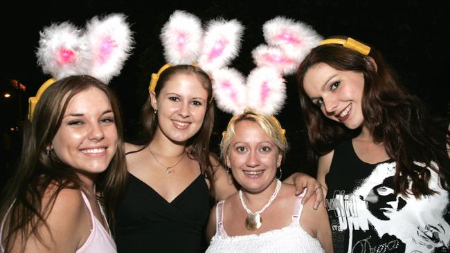 Angelique Dielwart, Chantel Schipper, Angela Goddard and Erin Jade celebrate New Year’s Eve at Mooloolaba in 2005. Picture: Brett Wortman.