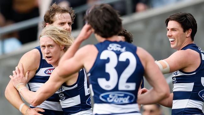 Dempsey kicked three goals against North Melbourne and also saved one with hit hot hands. Picture: Dylan Burns/AFL Photos via Getty Images.