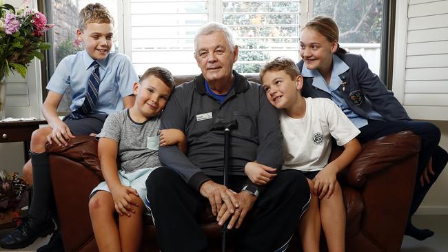 Henry Karpik with his grandchildren (from left) Daniel Llewellin, Max Karpik, Josh Llewellin and Jessica Llewellin. Picture: Sam Ruttyn