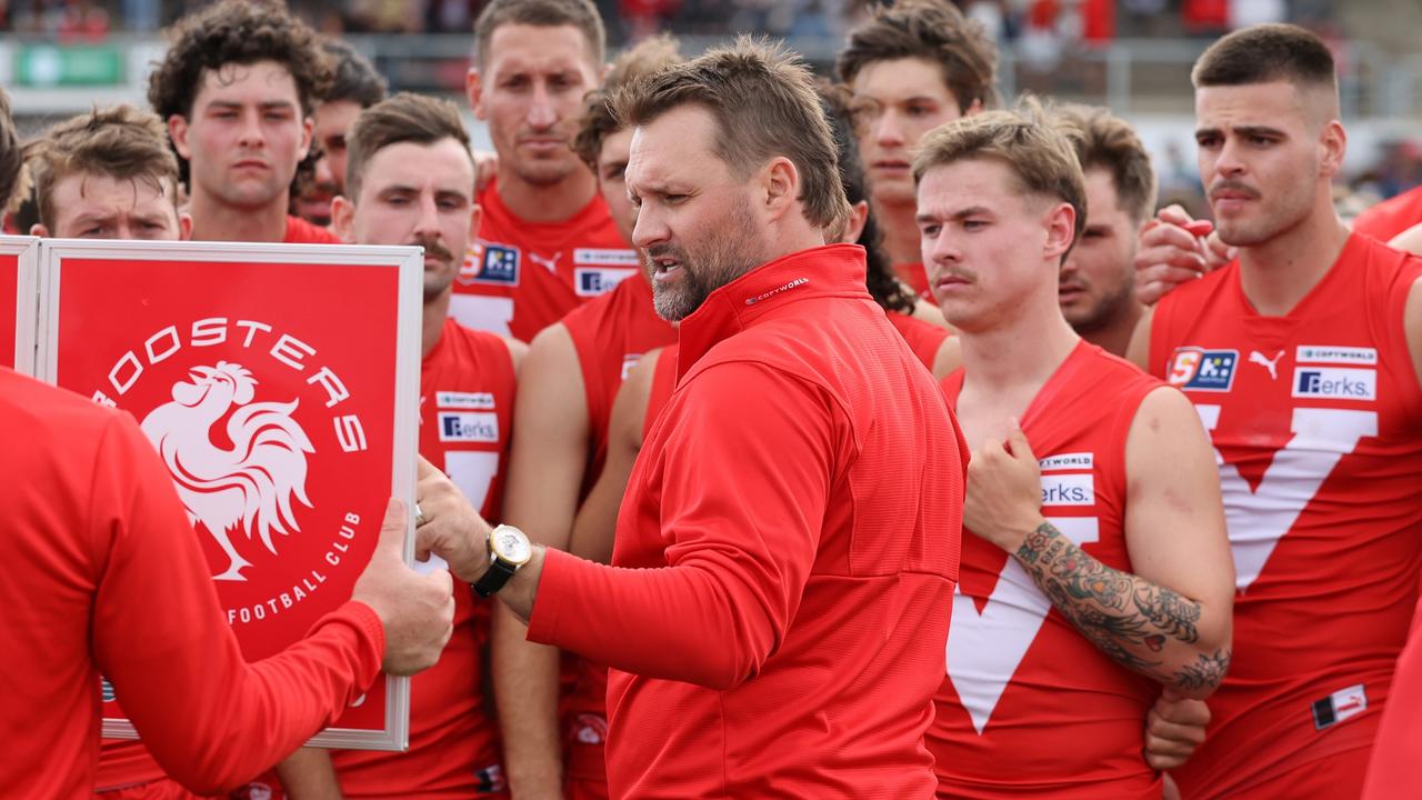 Sacked North Adelaide coach Jacob Surjan addressing his charges. Picture: David Mariuz/SANFL