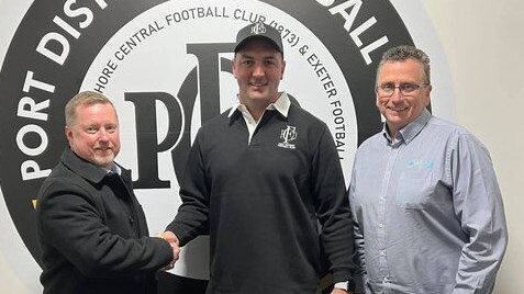 Josh Ramsey (middle) has been named the new coach of division one Adelaide Footy League club Port District. Picture: Port District Football Club