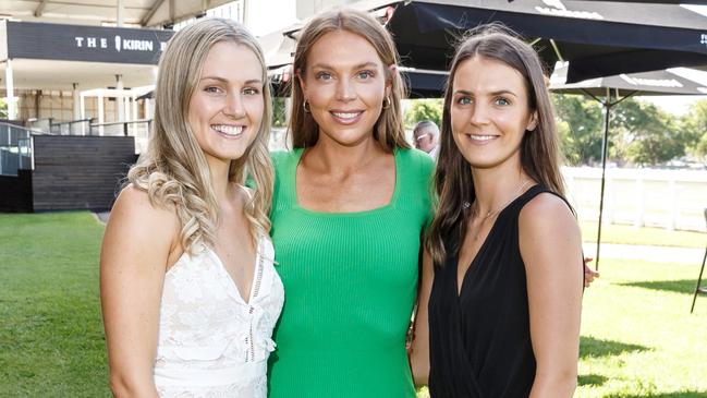 Georgia Ralph, Jasmine Hooper and CC Rode at the Brisbane Racing Club's grand unveiling of the refurbished Guineas Room. Picture: Jared Vethaak