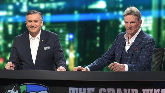 Eddie McGuire and Sam Newman at the Grand Final Footy Show in 2018. Picture: Channel 9