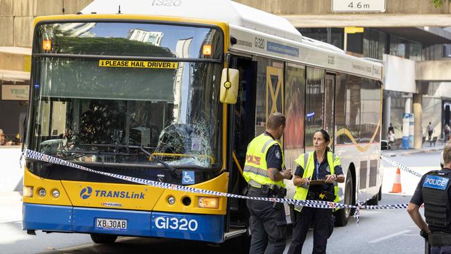 Police at the scene of a deadly bus crash in Brisbane’s CBD. Picture: Richard Walker