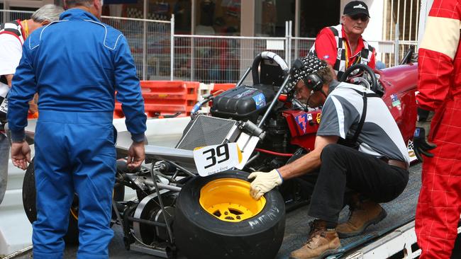 Speed on Tweed classic car racing event held in and around the streets of Murwillumbah. Brian Kirby crashed his BNG #1 into a barrier