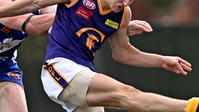 JacanaÃs Ryan Mcconnell during the EDFL football match between Coburg Districts and Jacana in Pascoe Vale, Saturday, May 28, 2022. Picture: Andy Brownbill