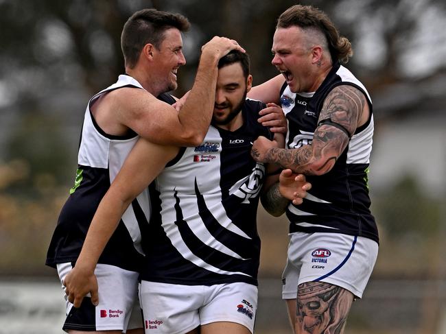 Melton CentralsÃs Matthew Eberle, centre celebrates a goal during the Riddell District FNL Western Rams v Melton Centrals football match at Ian Cowie Recreation Reserve in Rockbank, Saturday, April 1, 2023. Picture: Andy Brownbill