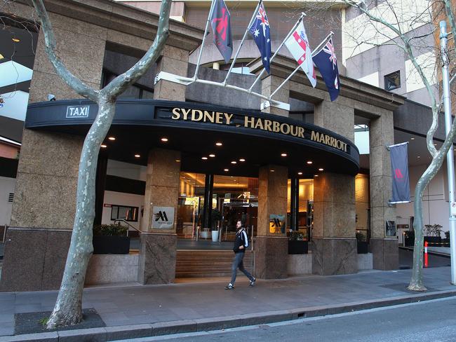 The Sydney Harbour Marriott Hotel entrance at Circular Quay. NSW authorities are investigating how a security guard working at a Sydney quarantine hotel contracted COVID-19 from a returned traveller. Picture: Getty