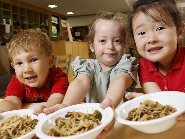 Charlie, 3, Isabella, 4, and Skye, 4, pictured at C&K Kedron Childcare centre, Brisbane 14th February 2024.  (Image/Josh Woning)