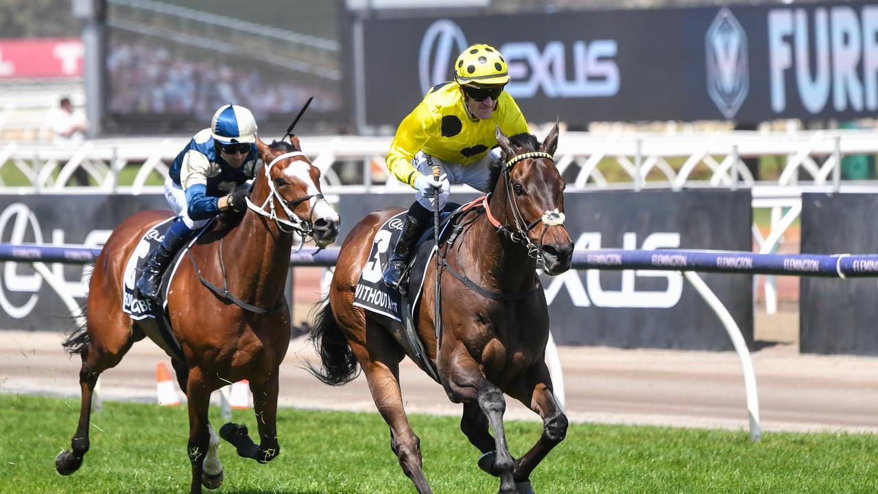 Without A Fight (IRE) ridden by Mark Zahra wins the Lexus Melbourne Cup at Flemington Racecourse on November 07, 2023 in Flemington, Australia. (Photo by Pat Scala/Racing Photos via Getty Images)