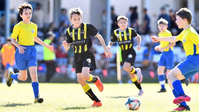 SOCCER: Junior football carnival, Maroochydore. Moreton Bay United V Strikers, U12 boys. Picture: Patrick Woods.