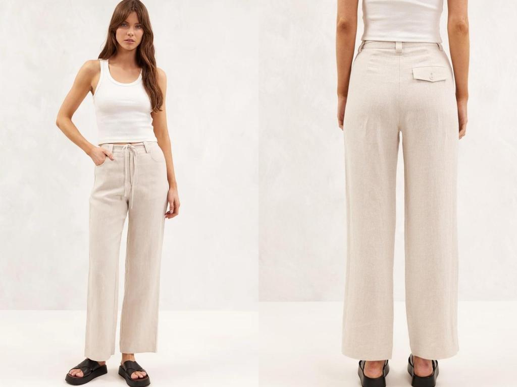 White Wide Leg Linen Pants for Women, Causal Zipper Button Closure