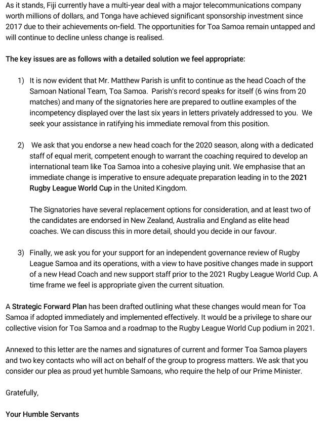 A letter written to the Prime Minister of Samoa raising issues about the state of rugby league. Supplied