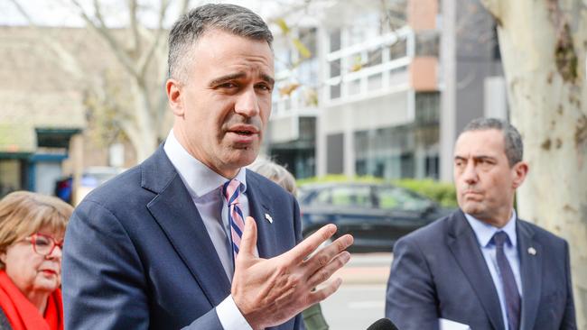 Premier Peter Malinauskas at a press conference with Transport Minister Tom Koutsantonis. Picture: NCA NewsWire / Brenton Edwards