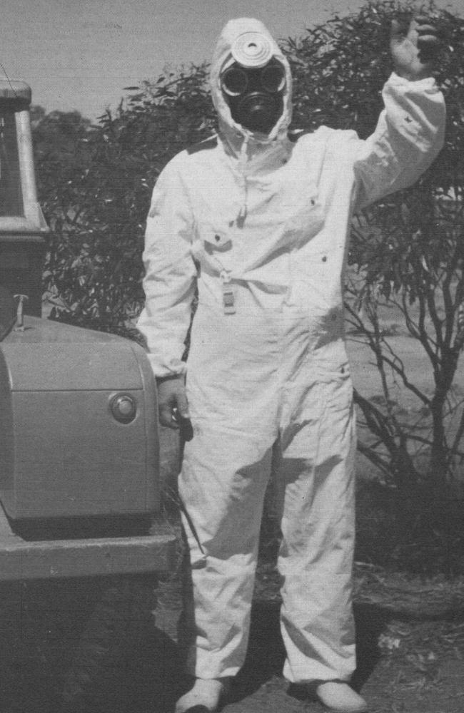 Protective clothing with an asbestos filtered respirator being worn by one of the workers at Maralinga nuclear site, 1956. Picture: Ric Johnstone.