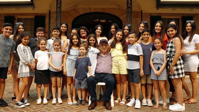 Former Labor powerbroker Eddie Obeid with his grandkids at his Hunters Hill home yesterday after being released from prison. Picture: Sam Ruttyn