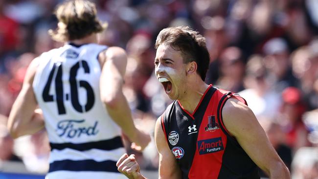 Recruit Nic Martin celebrates one of his five goals on debut for Essendon in round 1. Picture: Michael Klein