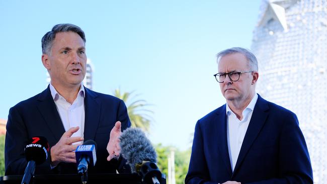 Anthony Albanese and Richard Marles speaking to media in Geelong. Picture: Luis Enrique Ascui/NCA NewsWire