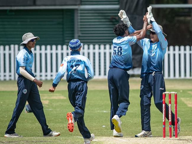 Parramatta’s Evan David (58) celebrates a wicket. Pics by Julian Andrews