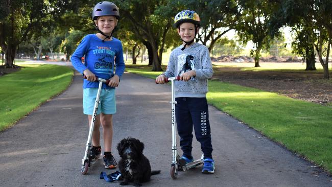 Henry Maitland, 7, younger brother Toby Maitland, 5, and their puppy Stella checking out the upgrades at Queens Park, Goldsmith St, Mackay. Picture: Heidi Petith