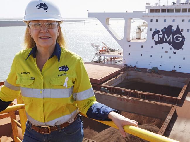 Fortescue Metals Group chief executive Elizabeth Gaines atop a shiploader at the iron ore miner’s Port Hedland facilities