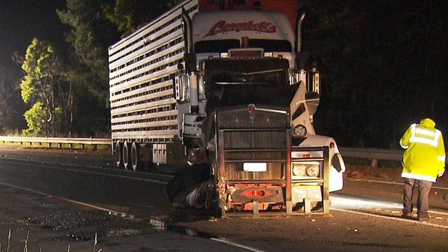 The prime mover driver, a 34-year-old Kangaroo Island man, and his three-year-old passenger were taken to Flinders Medical Centre. Picture: 7NEWS