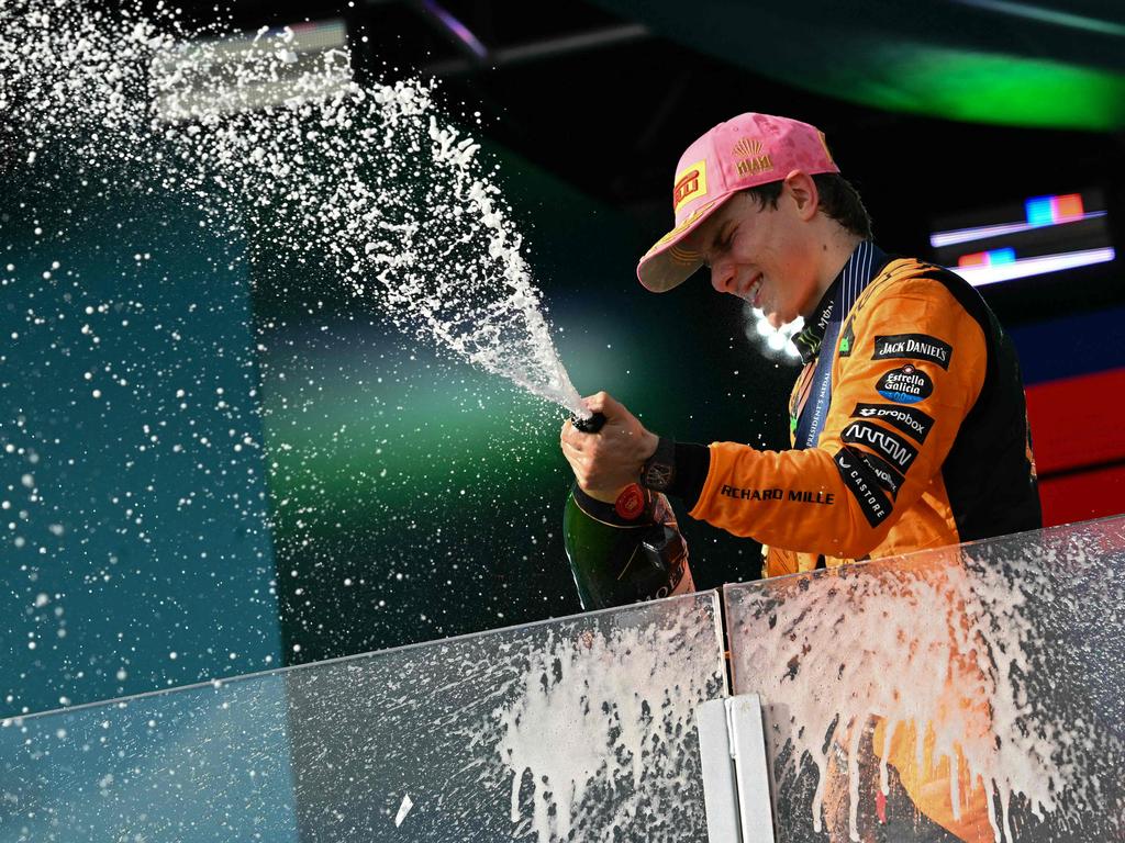 Piastri celebrates on the podium after winning the 2025 Miami Formula One Grand Prix at Miami International Autodrome in Miami Gardens, Florida, on May 4, 2025. Picture: Chandan Khanna/AFP