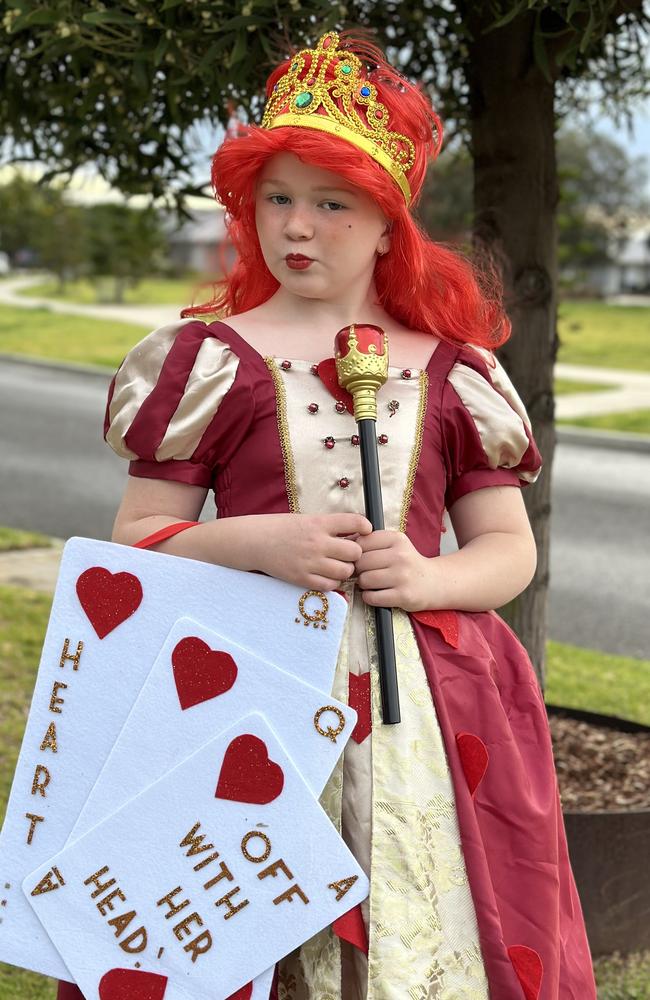 Beatrix Wheate, 8, dressed as the Queen of Hearts from Alice in Wonderland for Book Week.