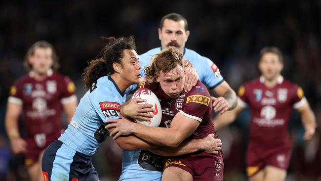 Cotter was inspirational in his Origin debut, forced to play 80 minutes for Queensland after injuries to Xavier Coates and Jeremiah Nanai. Picture: Getty Images.