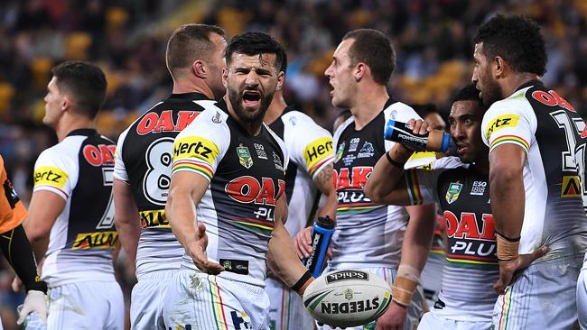 Josh Mansour of the Panthers protests a Brisbane try during the Round 19 NRL match between the Brisbane Broncos and the Penrith Panthers at Suncorp Stadium in Brisbane, Friday, July 20, 2018. (AAP Image/Dave Hunt) NO ARCHIVING, EDITORIAL USE ONLY