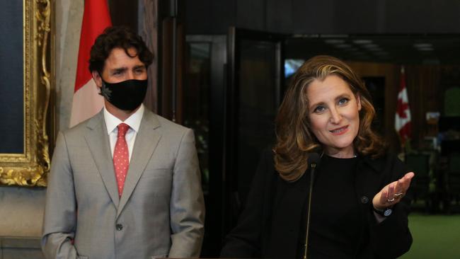 Canadian Deputy Prime Minister and new Finance Minister, Chrystia Freeland, with Prime Minister Justin Trudeau in Ottawa. Picture: AFP